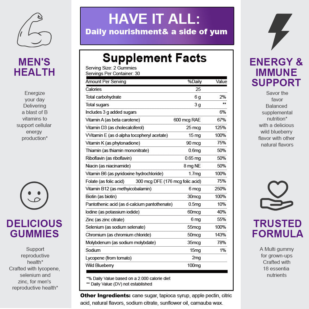 Gummies aux myrtilles - Vitamine D, C, B12 er Zinc - Super Aliment