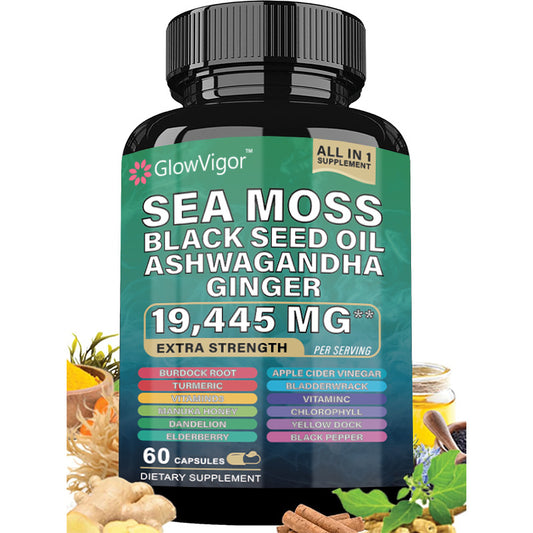 Gelules Mousse de mer 7 000 mg, Huile de graines noires 4 000 mg, Ashwagandha 2 000 mg, Curcuma 2 000 mg, Fucus vésiculeux 2 000 mg, Bardane 2