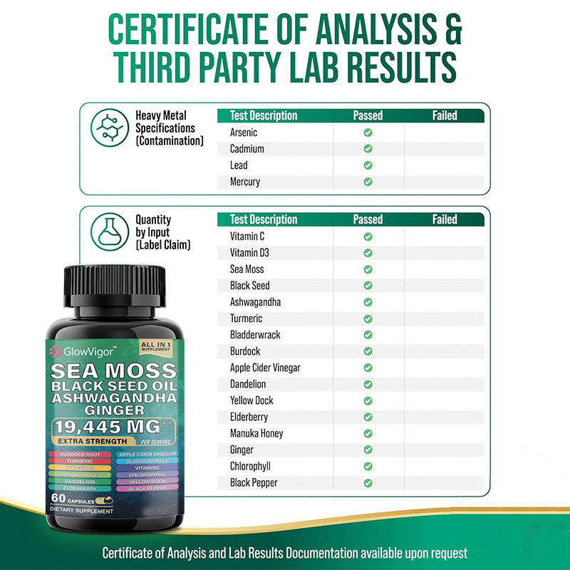 Gelules  Mousse de mer 7 000 mg,  Huile de graines noires 4 000 mg, Ashwagandha 2 000 mg, Curcuma 2 000 mg, Fucus vésiculeux 2 000 mg,  Bardane 2