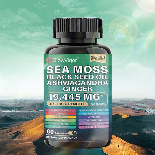Gelules  Mousse de mer 7 000 mg,  Huile de graines noires 4 000 mg, Ashwagandha 2 000 mg, Curcuma 2 000 mg, Fucus vésiculeux 2 000 mg,  Bardane 2