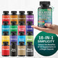 Gelules  Mousse de mer 7 000 mg,  Huile de graines noires 4 000 mg, Ashwagandha 2 000 mg, Curcuma 2 000 mg, Fucus vésiculeux 2 000 mg,  Bardane 2