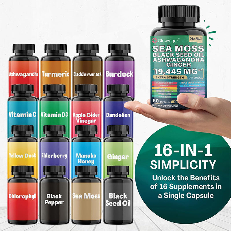Gelules  Mousse de mer 7 000 mg,  Huile de graines noires 4 000 mg, Ashwagandha 2 000 mg, Curcuma 2 000 mg, Fucus vésiculeux 2 000 mg,  Bardane 2