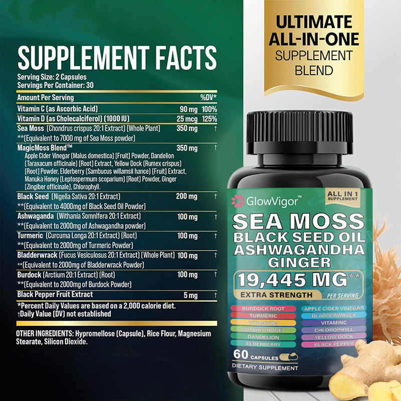 Gelules  Mousse de mer 7 000 mg,  Huile de graines noires 4 000 mg, Ashwagandha 2 000 mg, Curcuma 2 000 mg, Fucus vésiculeux 2 000 mg,  Bardane 2