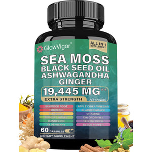 Gelules  Mousse de mer 7 000 mg,  Huile de graines noires 4 000 mg, Ashwagandha 2 000 mg, Curcuma 2 000 mg, Fucus vésiculeux 2 000 mg,  Bardane 2