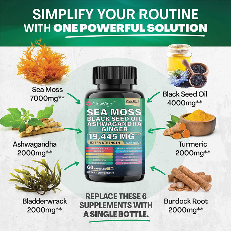 Gelules  Mousse de mer 7 000 mg,  Huile de graines noires 4 000 mg, Ashwagandha 2 000 mg, Curcuma 2 000 mg, Fucus vésiculeux 2 000 mg,  Bardane 2